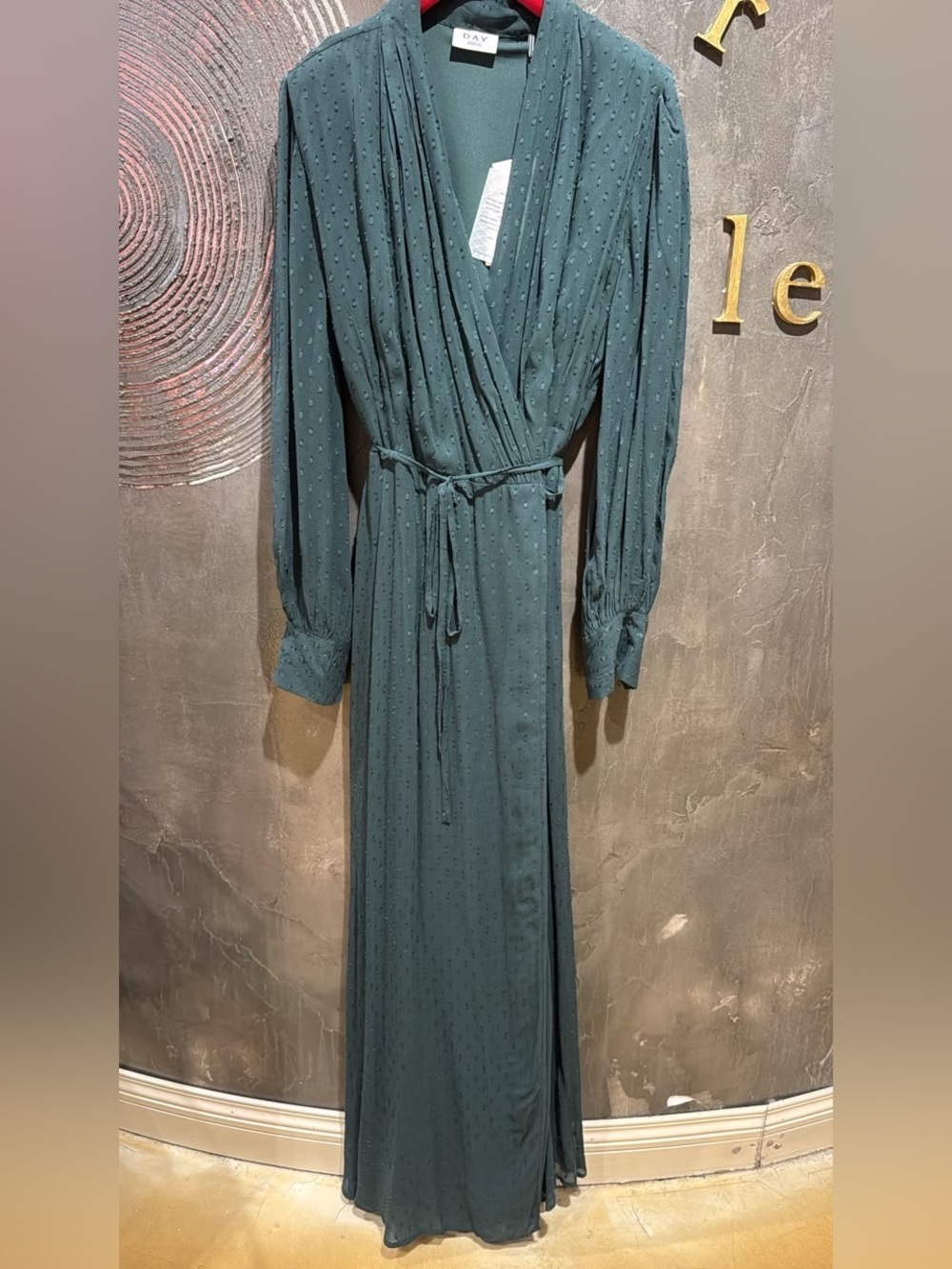 Elegant Dark Green Wrap Maxi Dress with Sheer Bishop Sleeves - Picture 5 of 9